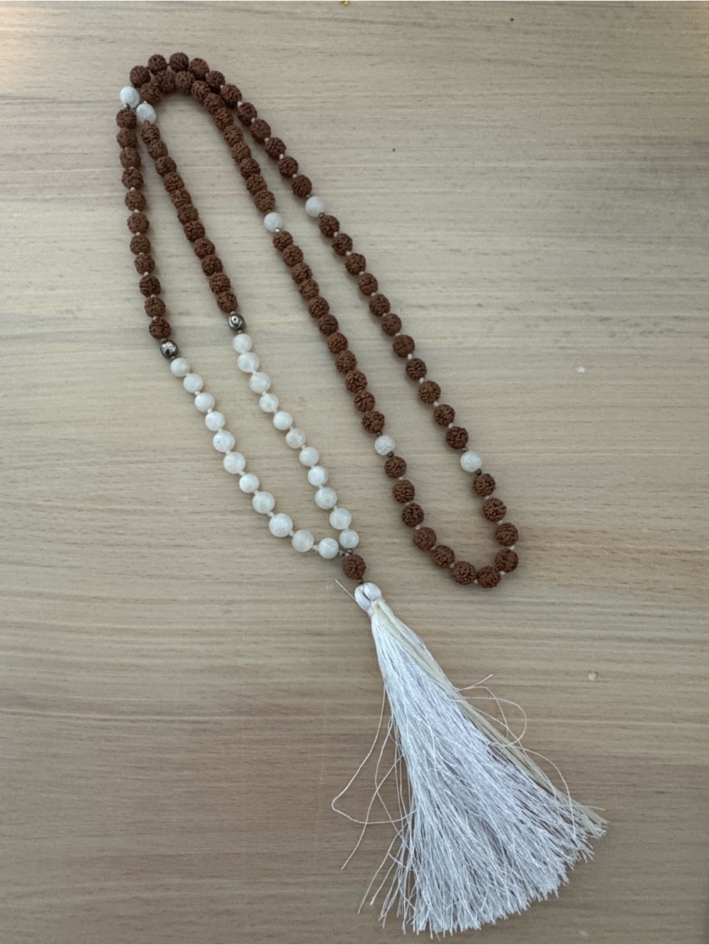 Handmade Rudraksha, White Gemstone 108 Bead Mala Necklace Tassel Meditation Yoga
